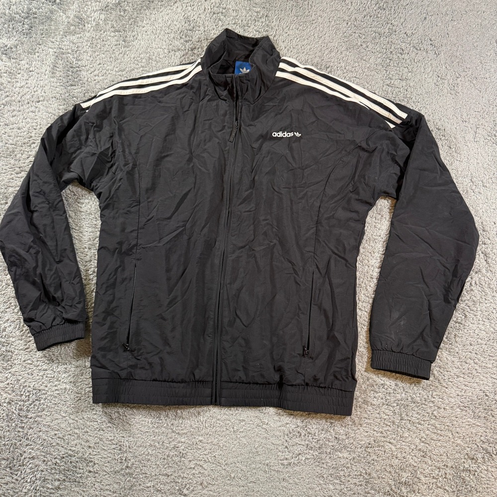 Adidas Track Jacket Mens Medium Black White 3 Stripe Windbreaker Trefoil Logo